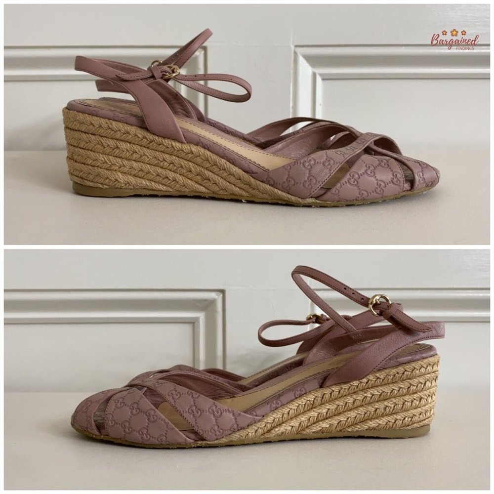 Authentic GUCCI Pink Micro-Guccissima Leather Wedge Espadrille Sandals 38.5/8.5 - Picture 9 of 14